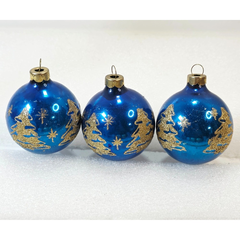 Lot of 3 Vintage RAUCH Glass Christmas Ornaments Stenciled Glitter Trees Balls